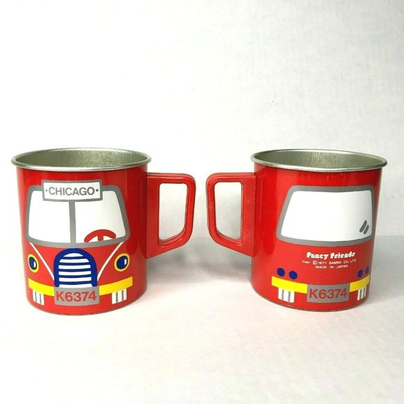Sanrio Fancy Friends Vtg 2 Tin Cup Bundle Red Bus Chicago 1977 Japan Made Kawaii - Picture 2 of 9